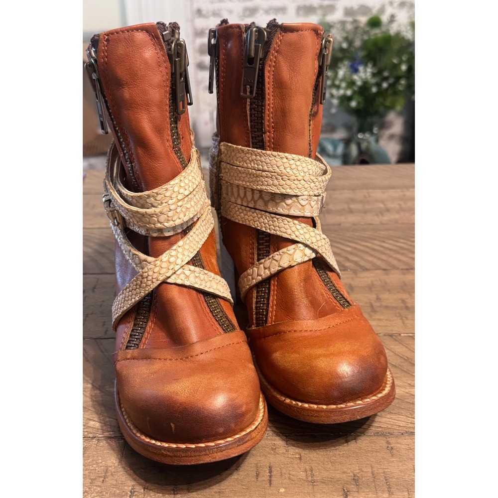 Freebird by Steven Balboa Brown Leather Snakeskin Strap Ankle Boots Womens 6